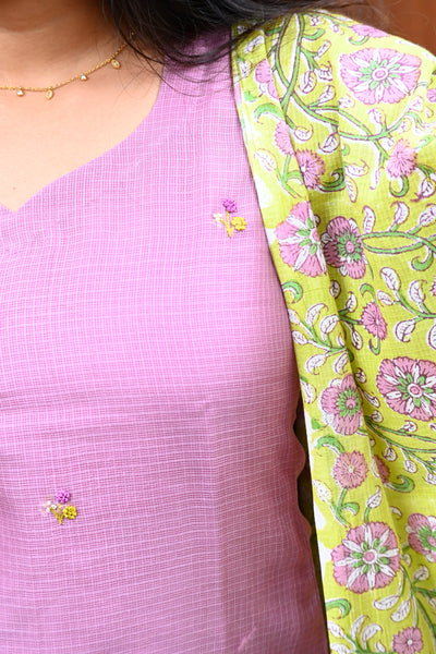 Purple Pure Kota hand embroidered Top and mul checks cotton Dupatta with Bottom