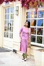 Purple Pure Kota hand embroidered Top and mul checks cotton Dupatta with Bottom