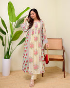 Ivory Blue Summer Rose Drift Pintex A Line Kurta Set
