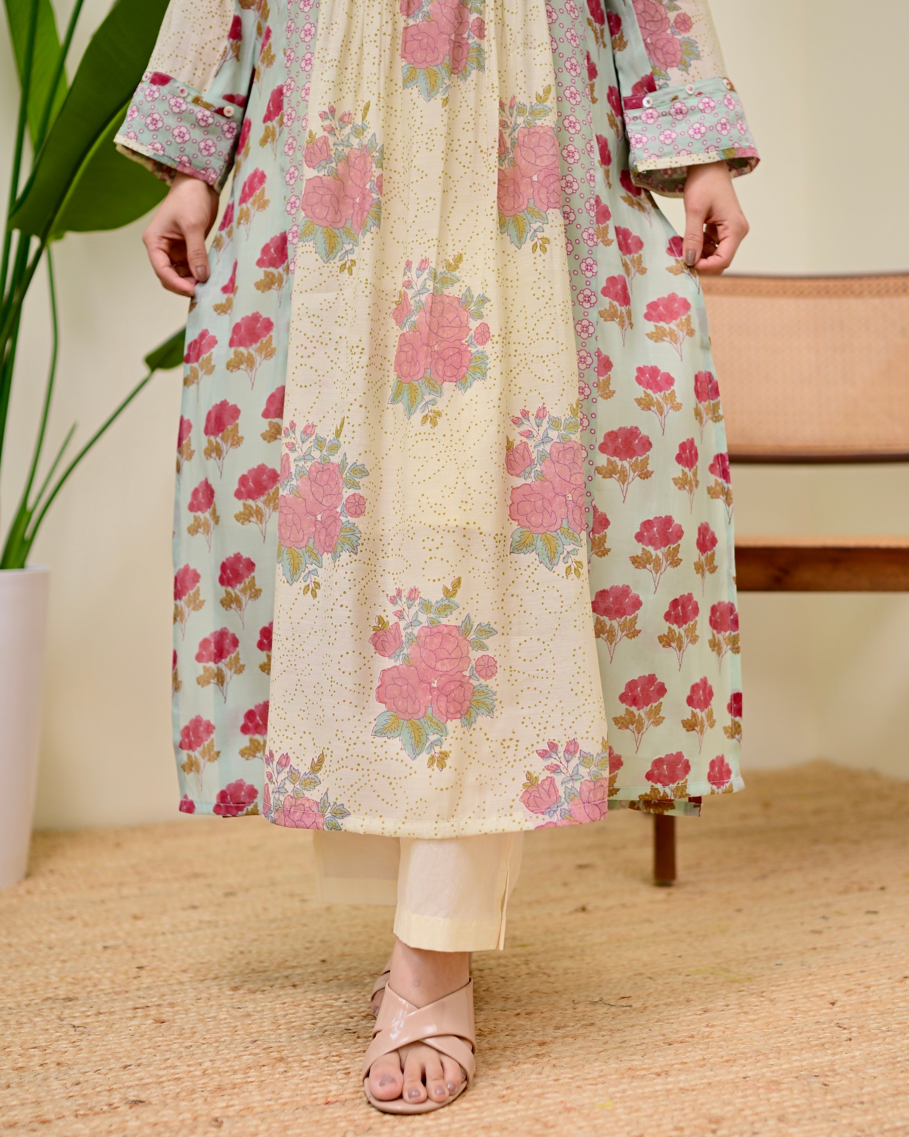 Ivory Blue Summer Rose Drift Pintex A Line Kurta Set