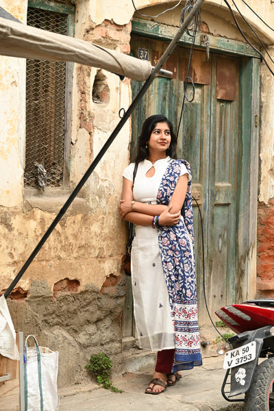 White Pure Kota hand embroidered Top and mul checks cotton Dupatta with Bottom
