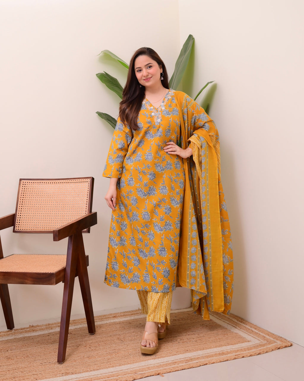 Mustard Yellow Floral Cotton Suit