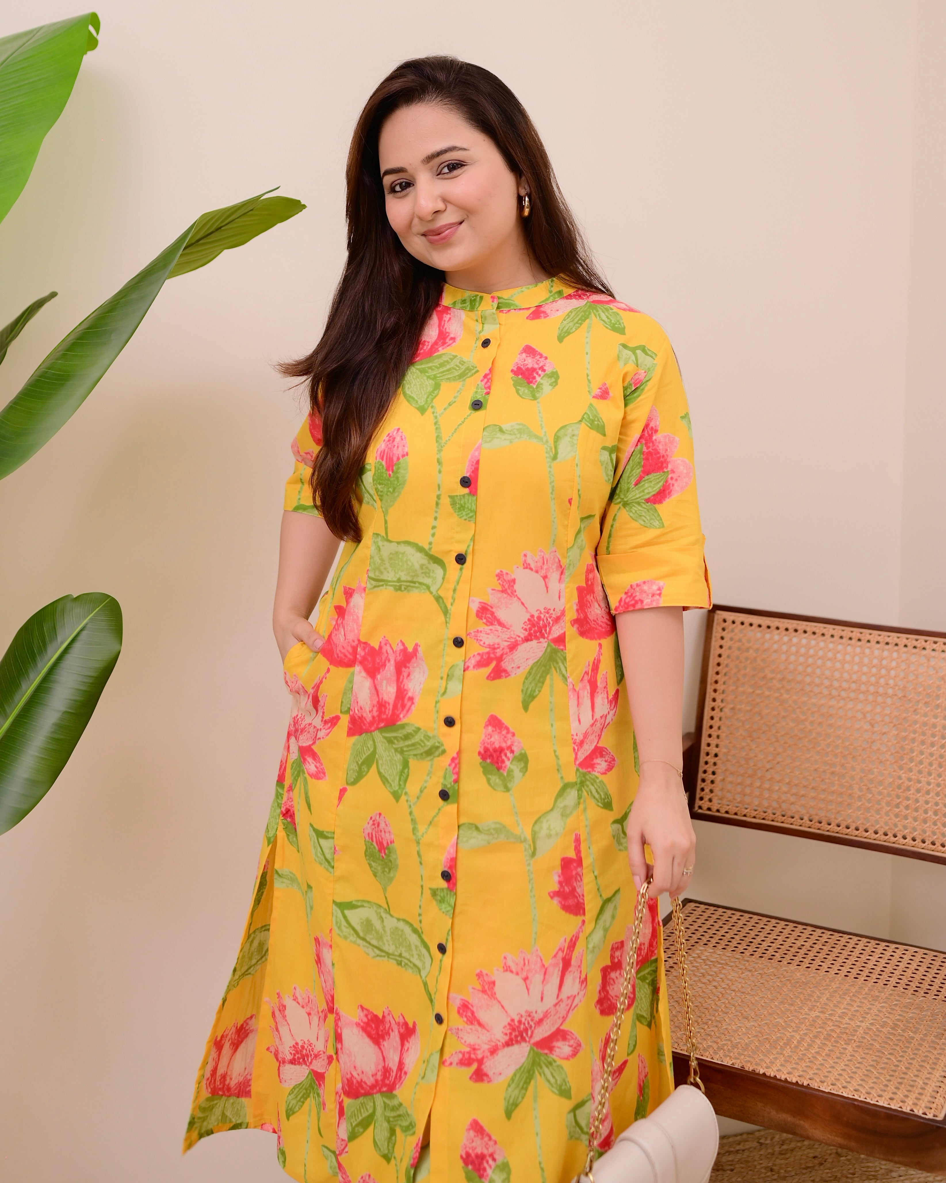 Yellow Lotus Cotton Kurta Palazzo Set