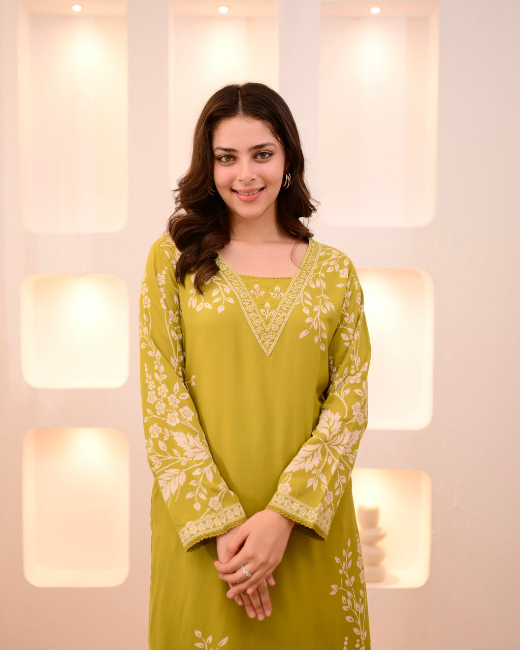 Lime Green Petals Cotton A Line Kurta Palazzo Set