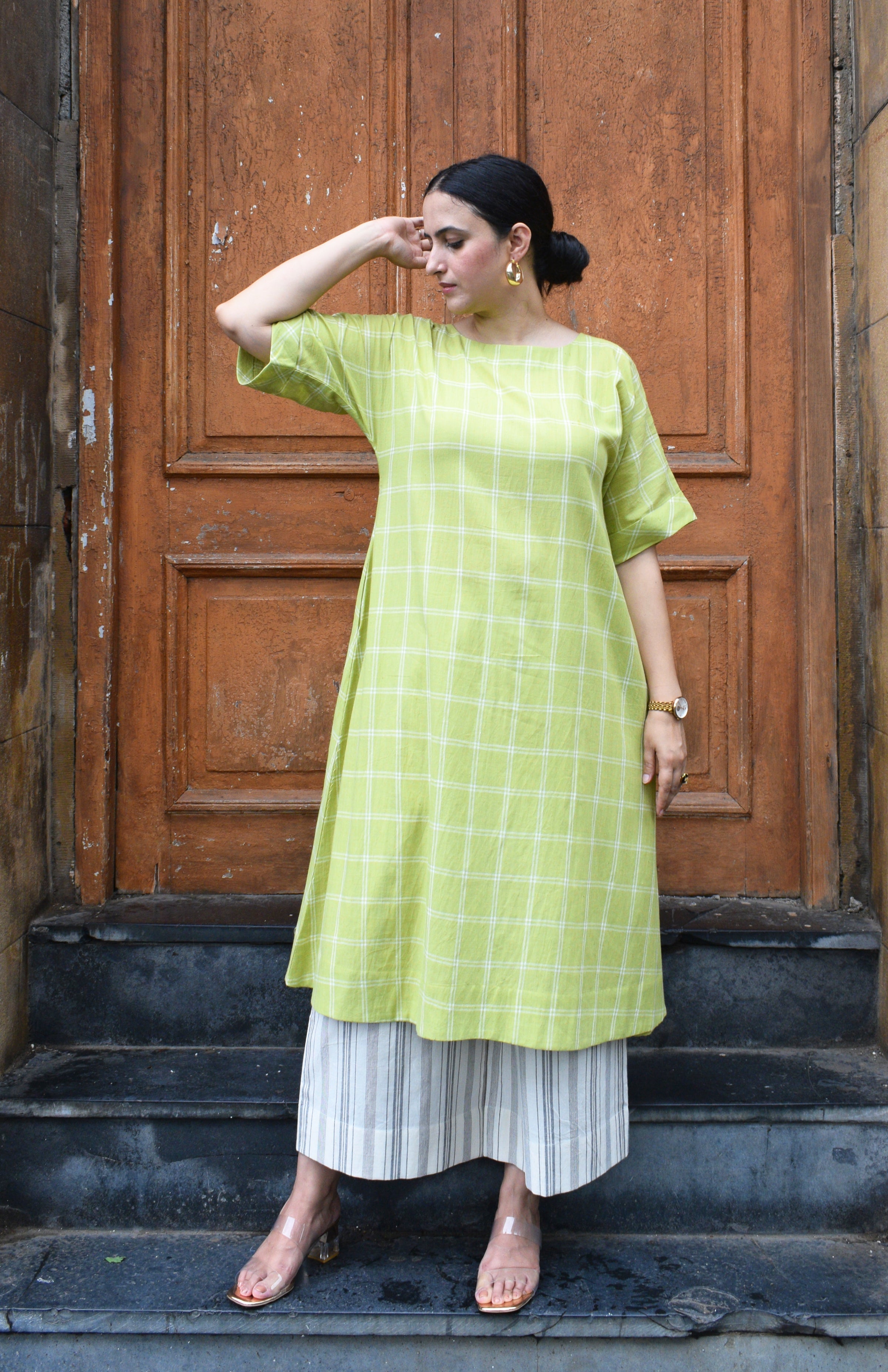 Lime Green A line Kurta in handwoven checks