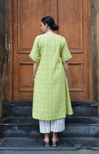 Lime Green A line Kurta in handwoven checks
