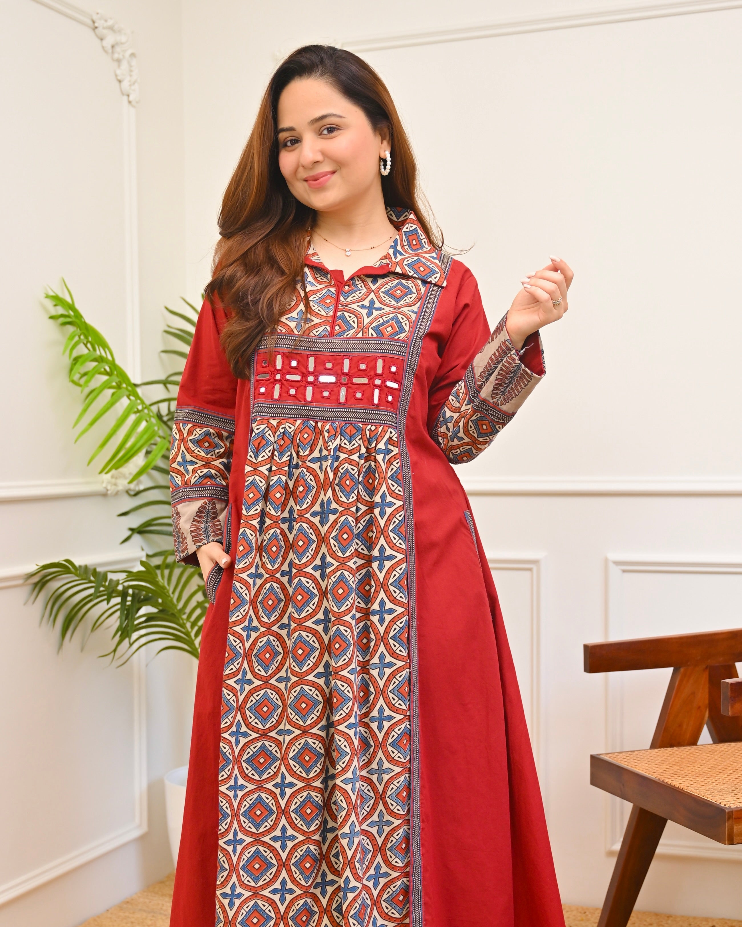 Ruhani Red Ajrakh Mirrorwork Cotton Kurta Dress