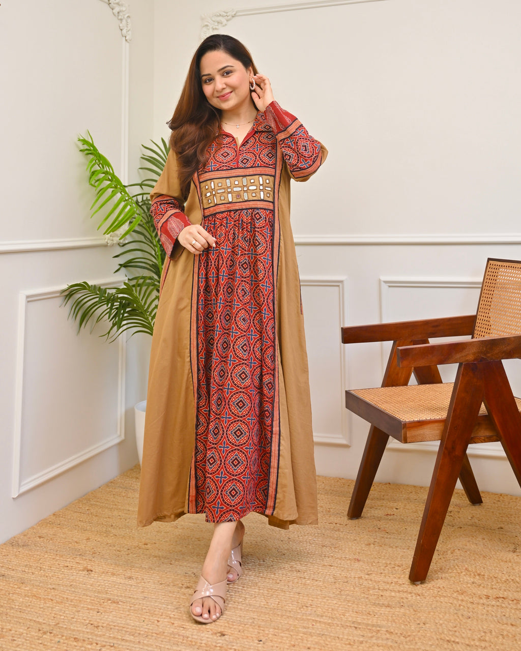 Earthy Mehroon Ajrakh Mirrorwork Cotton Kurta Dress