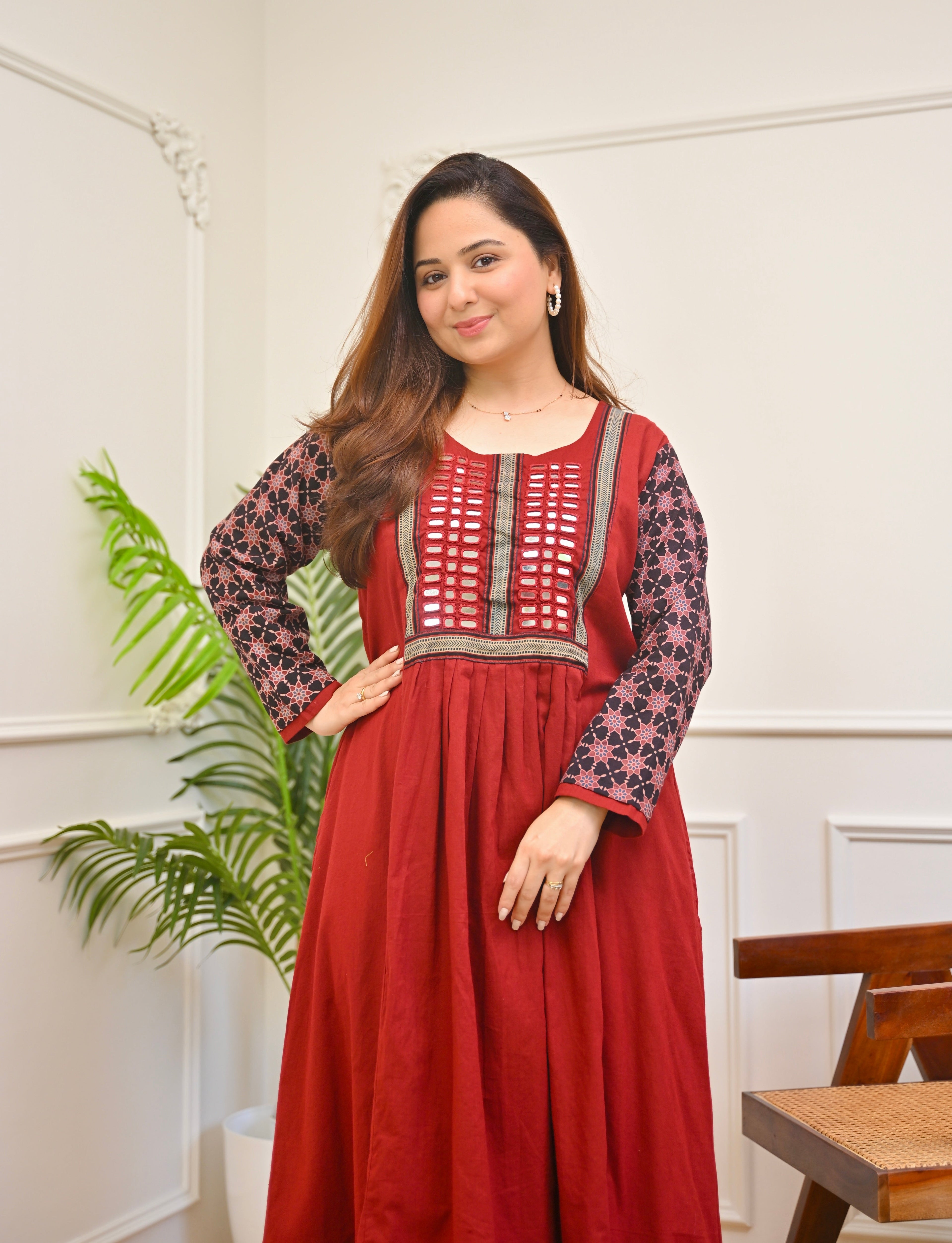 Scarlet Bloom Ajrakh Mirrorwork Cotton Kurta Dress