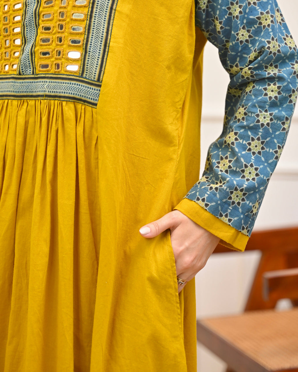 Haldi Heritage Ajrakh Mirrorwork Cotton Kurta Dress