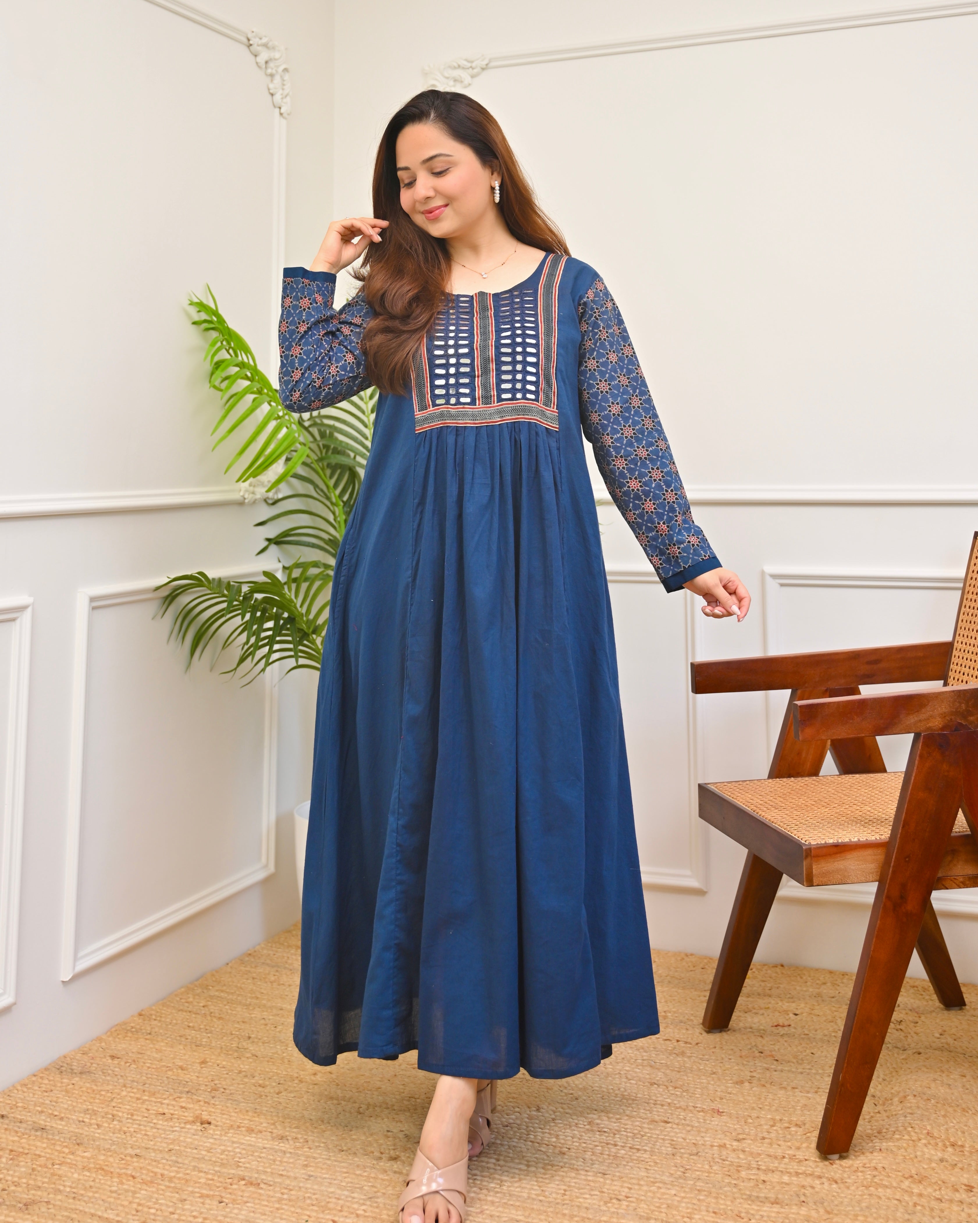 Blue Reverie Ajrakh Mirrorwork Cotton Kurta Dress