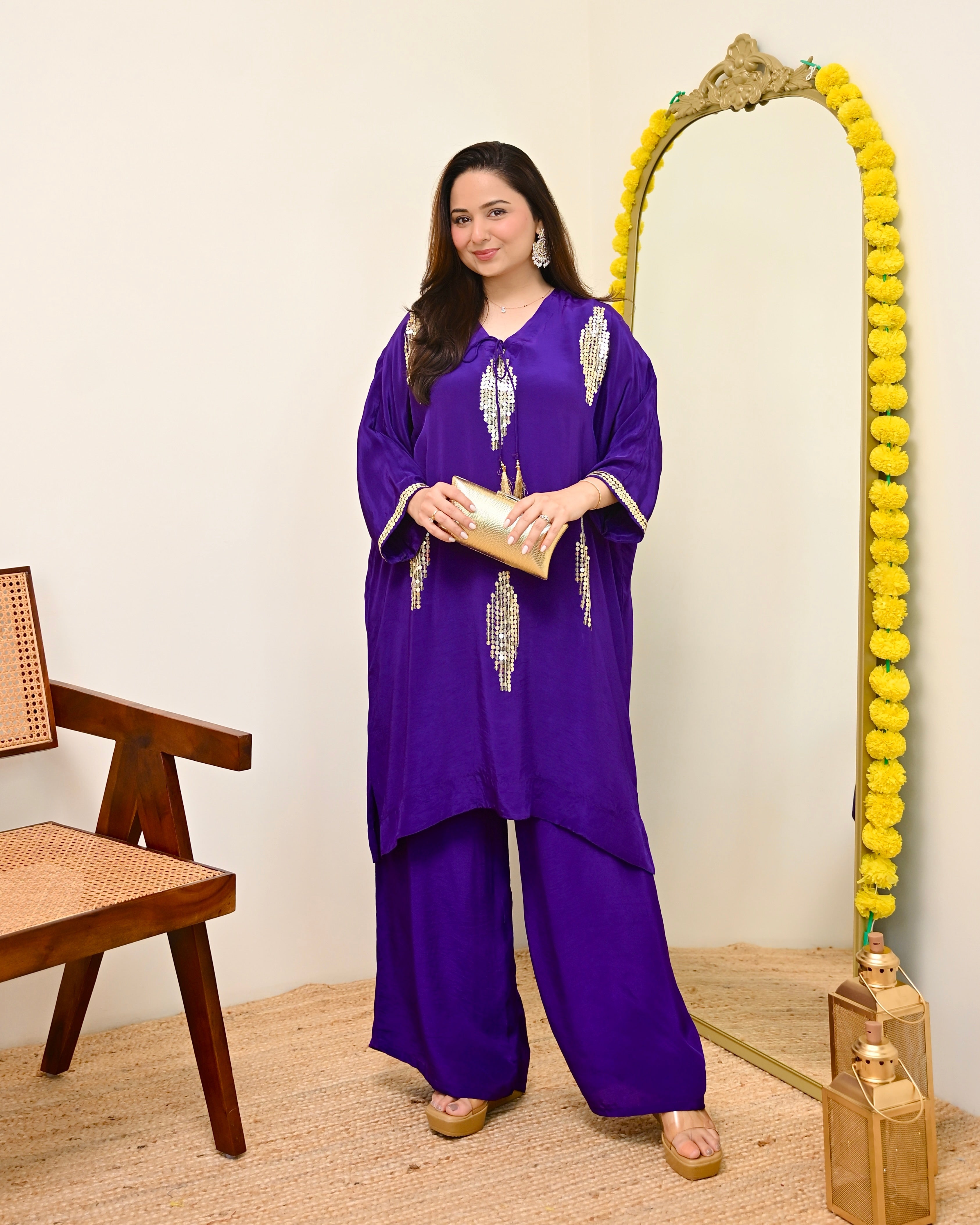 Zareen Purple Natural Crepe Handwork Festive Co-ord