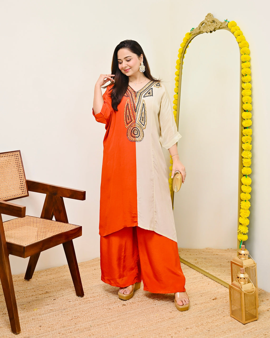 Coral Ivory Natural Crepe Handwork Co-ord