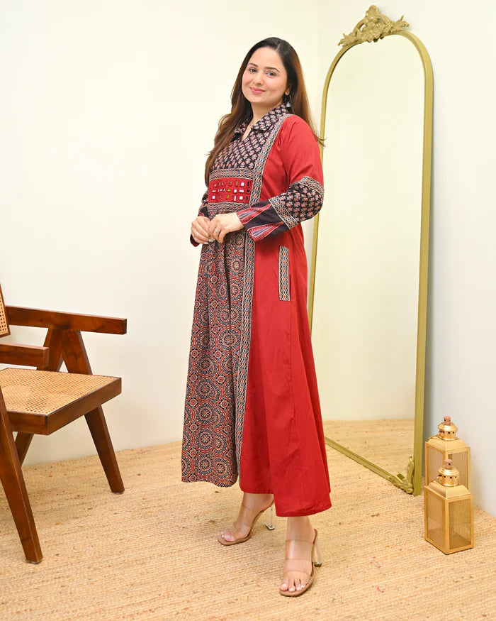Crimson Noir Grace Ajrak Mirrorwork Cotton Kurta Dress