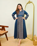 Navy Noor Saaj Ajrak Mirrorwork Cotton Kurta Dress