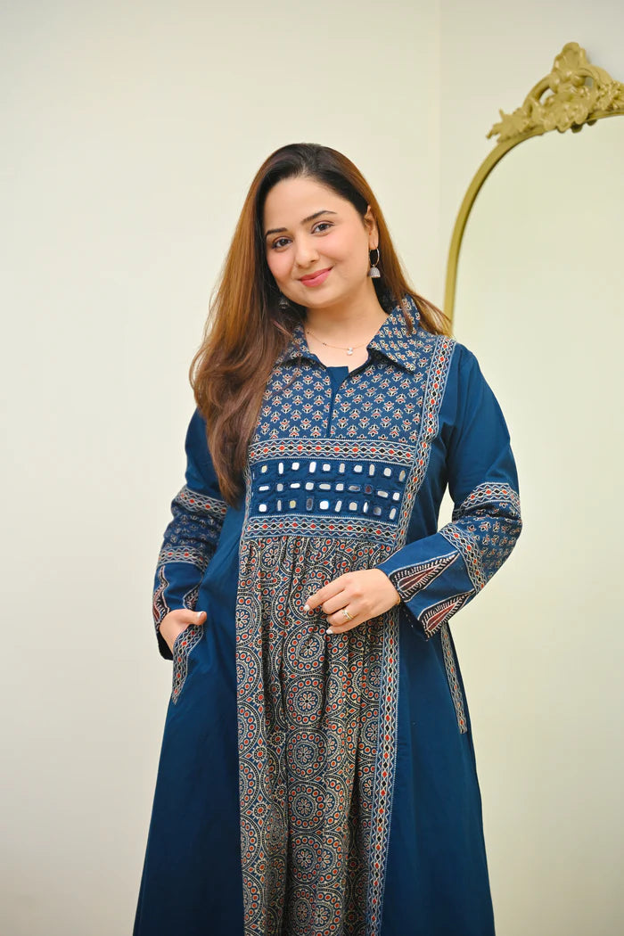Navy Noor Saaj Ajrak Mirrorwork Cotton Kurta Dress