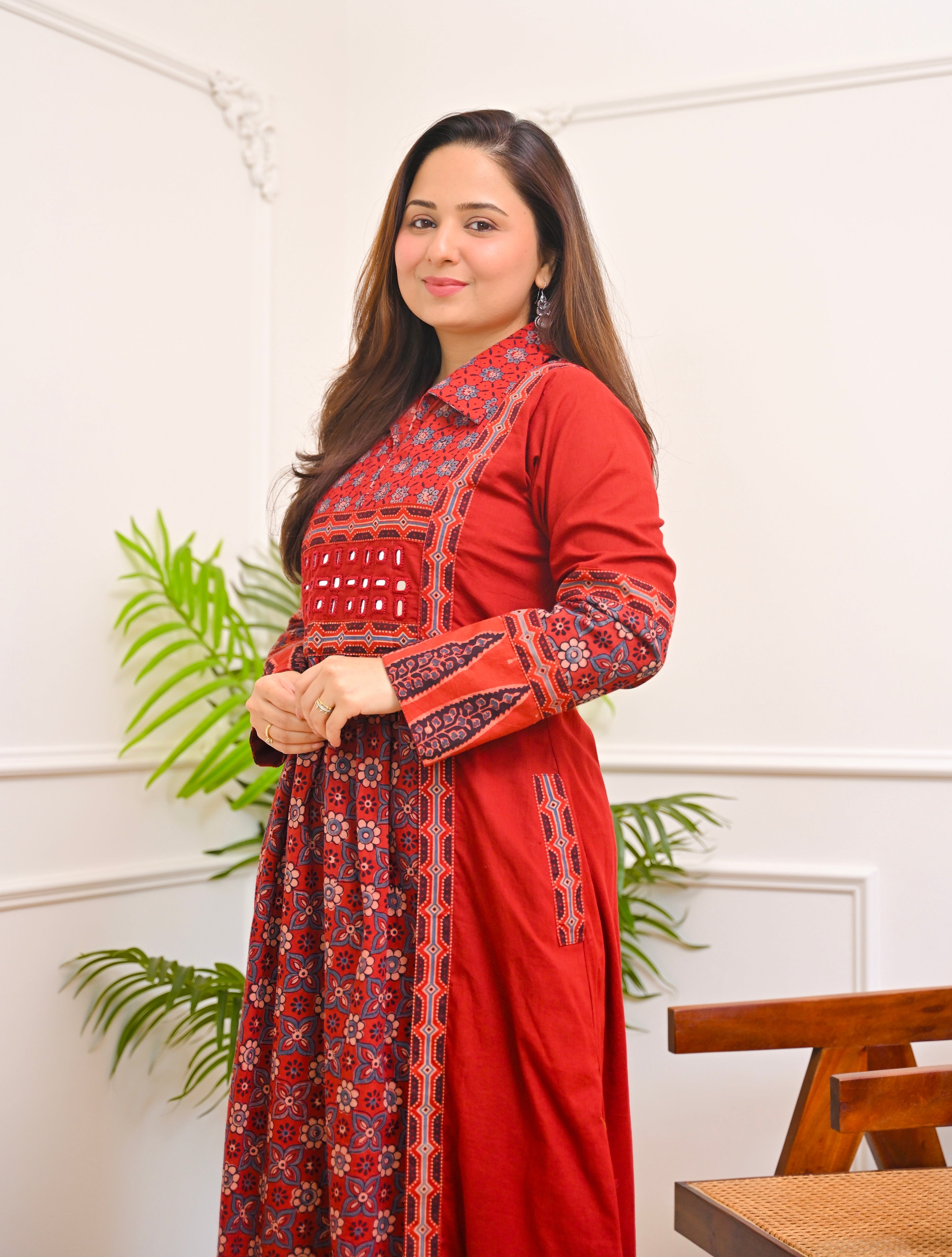 Mehroon Ajrakh Mirrorwork Cotton Kurta Dress