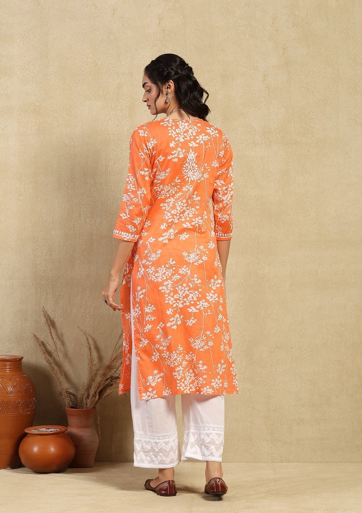 Sana Orange Mulmul Printed Kurta