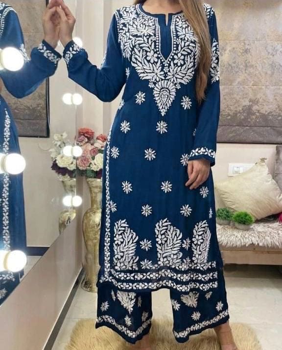 Chaitali Blue Chikankari Kurti Pant Set