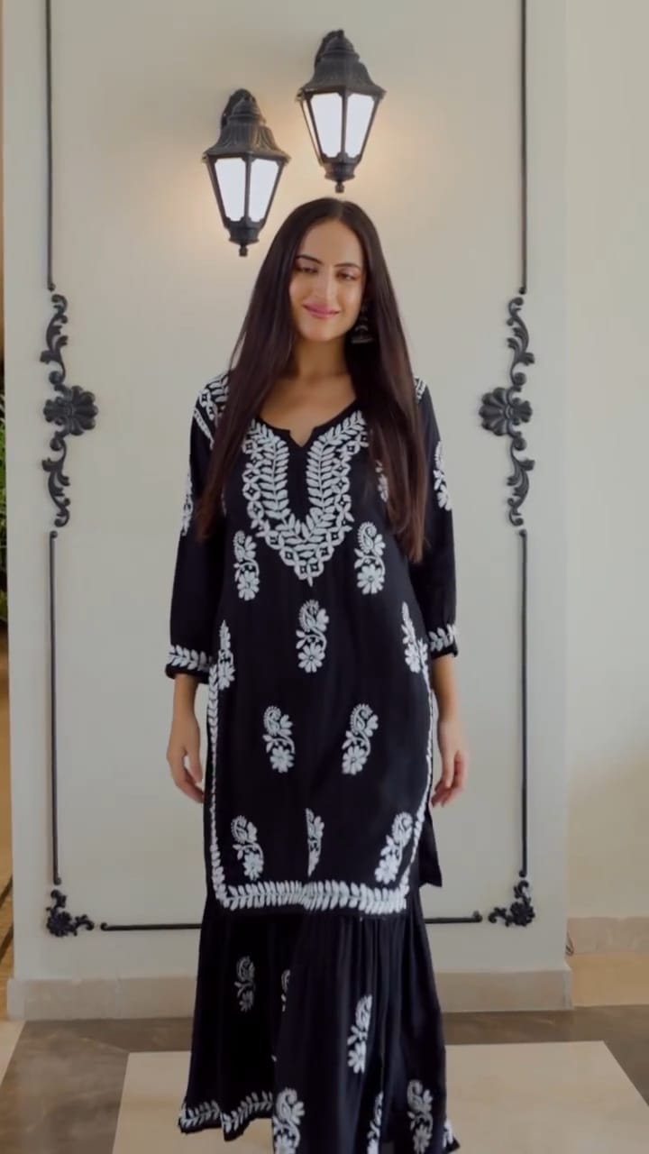 Gulnar Jet Black Chikankari Kurti Pant Set