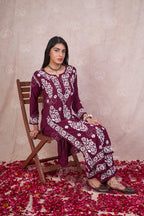 Bansari Maroon Chikankari Kurti Pant Set