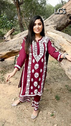 Divya Mroon Chikankari Kurti Pant Set