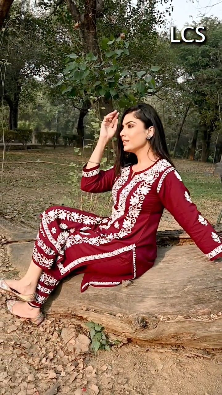 Divya Mroon Chikankari Kurti Pant Set