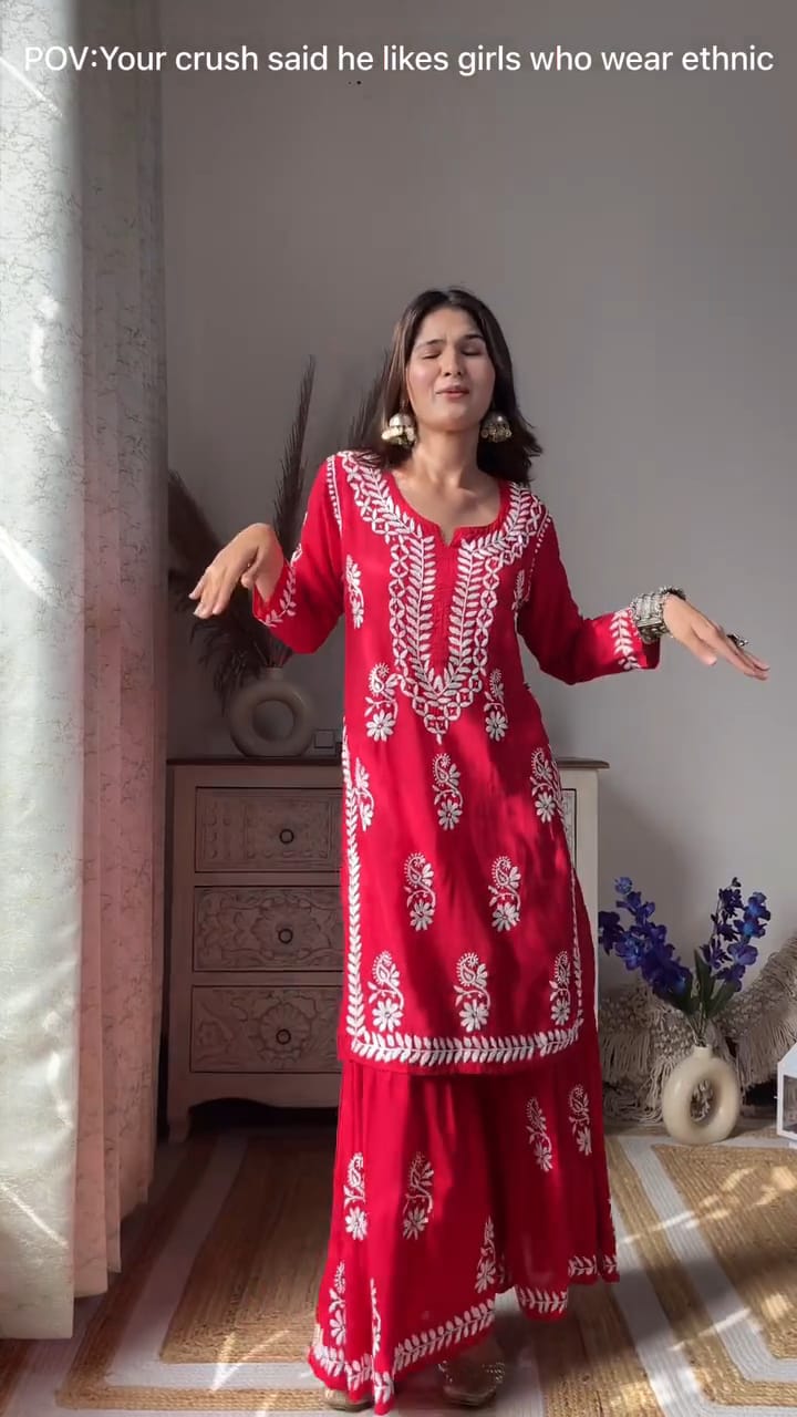 Yogita Red Chikankari Kurti Pant Set