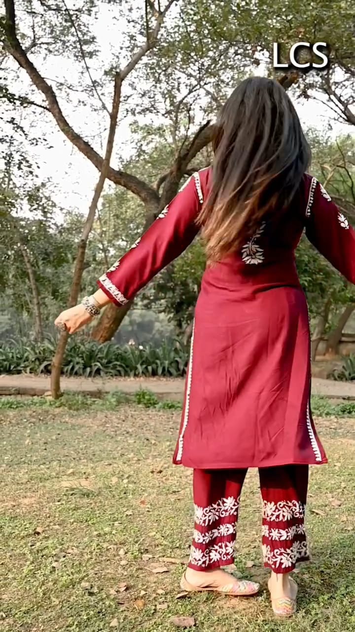 Divya Mroon Chikankari Kurti Pant Set