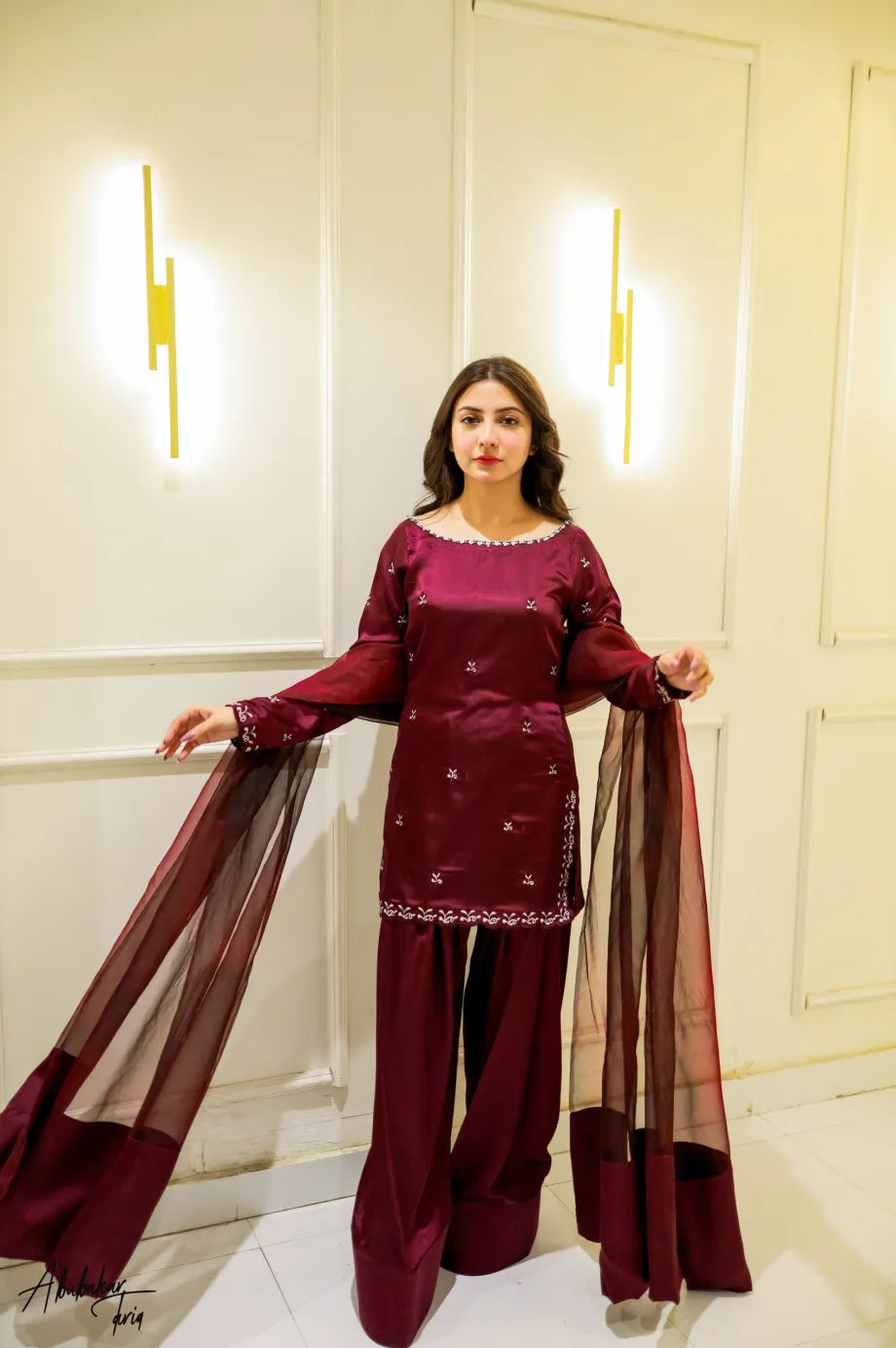 Diya Wine Embroidered Kurta Set