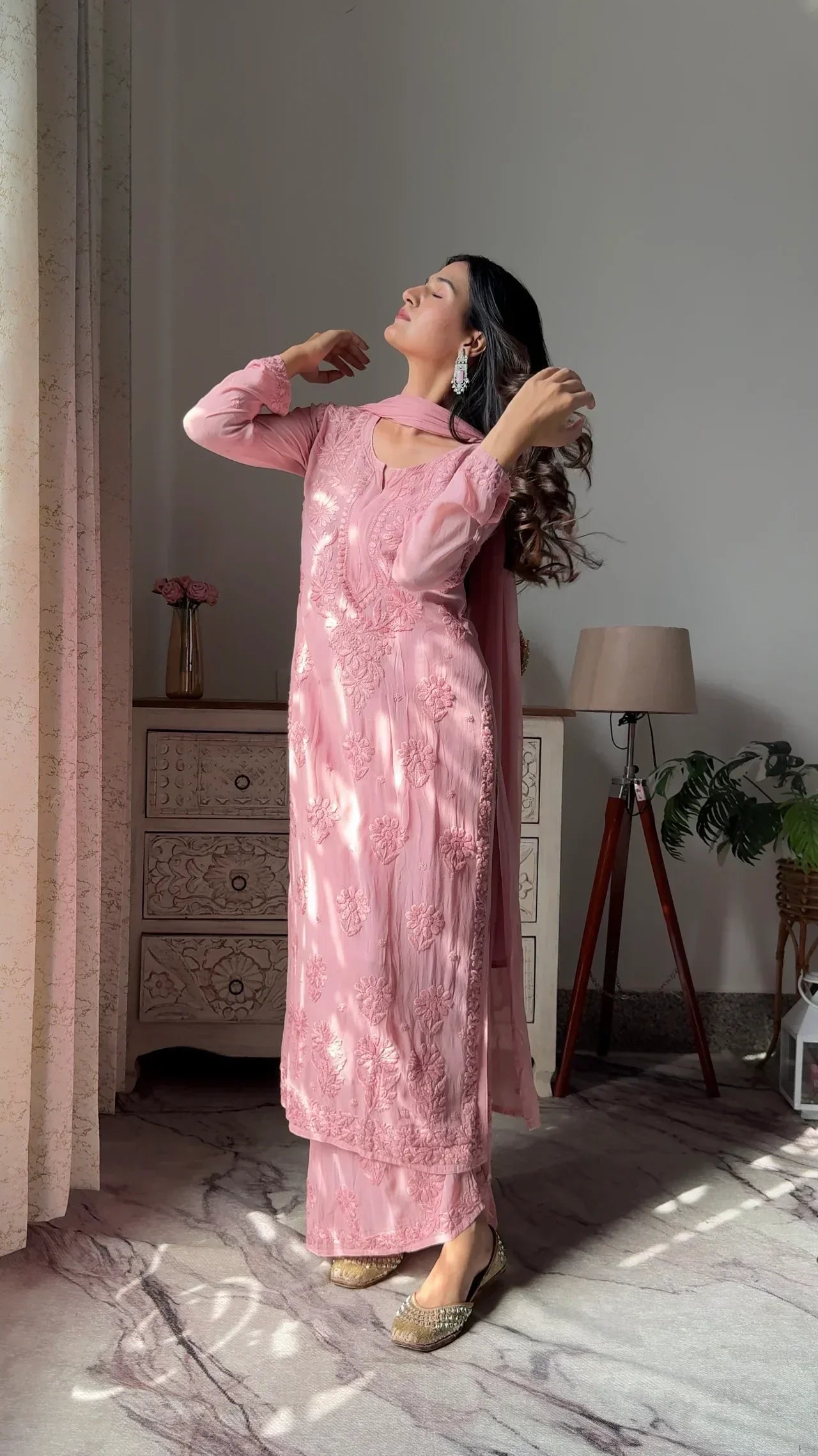 Rasika Peach Chikankari Kurta Palazzo Set