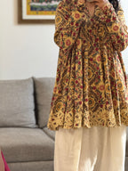 Beige Block printed cotton embroidered Anarkali with Farshi Salwar
