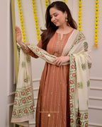 Brown A Line Cotton Festive Suit