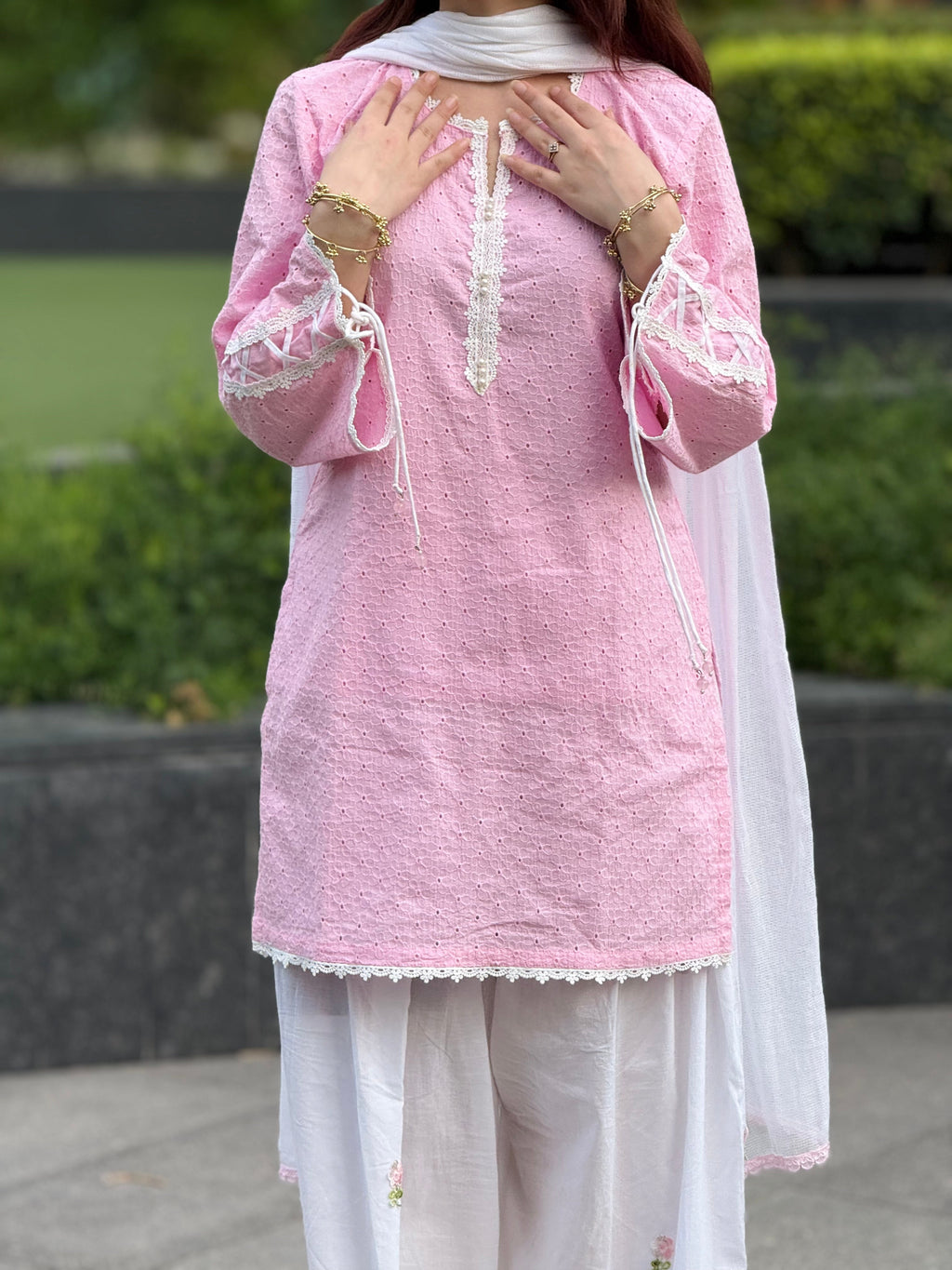 Meher Noor  Pink Chikankari Farshi Suit Set