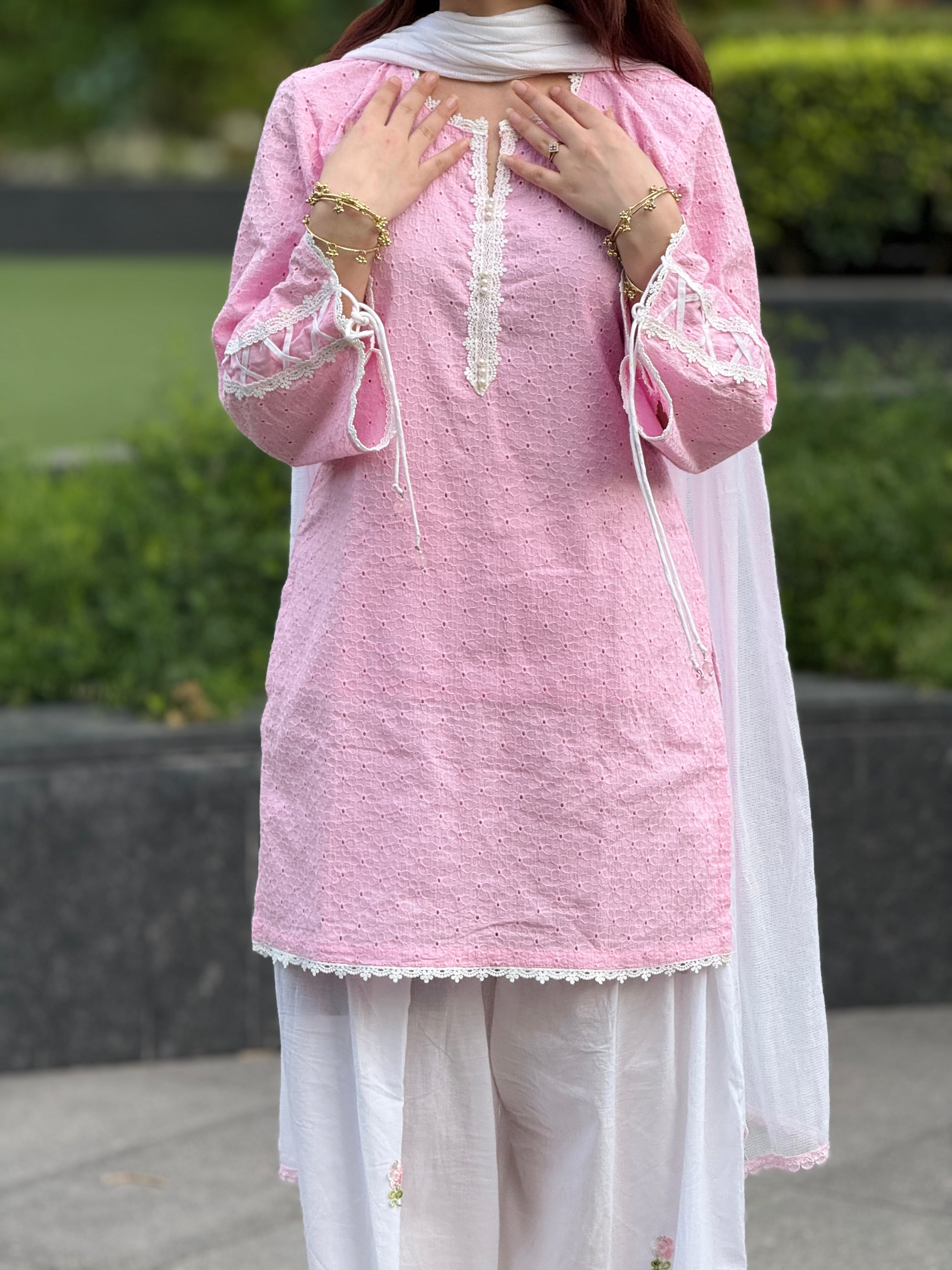 Meher Noor  Pink Chikankari Farshi Suit Set