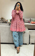 Pink/Blue Block printed cotton embroidered Anarkali with Farshi Salwar