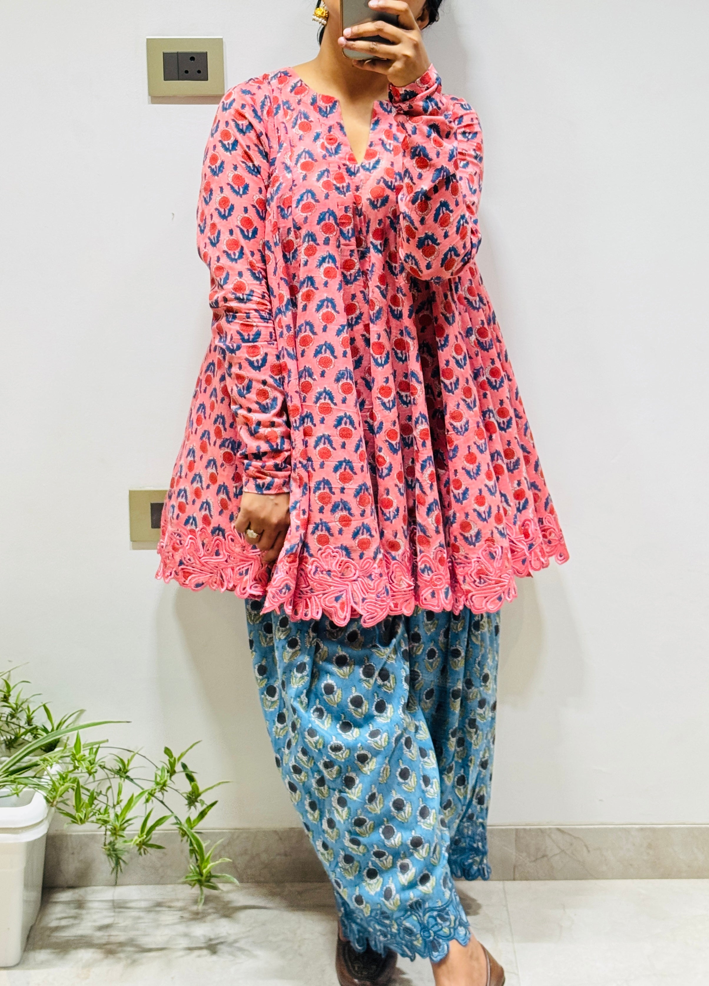 Pink/Blue Block printed cotton embroidered Anarkali with Farshi Salwar