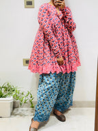Pink/Blue Block printed cotton embroidered Anarkali with Farshi Salwar