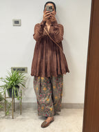 Brown/green Mul chanderi embroidered Anarkali with Cotton Farshi Salwar