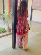 Red/White Block printed cotton embroidered Anarkali with Farshi Salwar