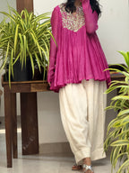 Pink Mul chanderi Anarkali and White Farshi Salwar