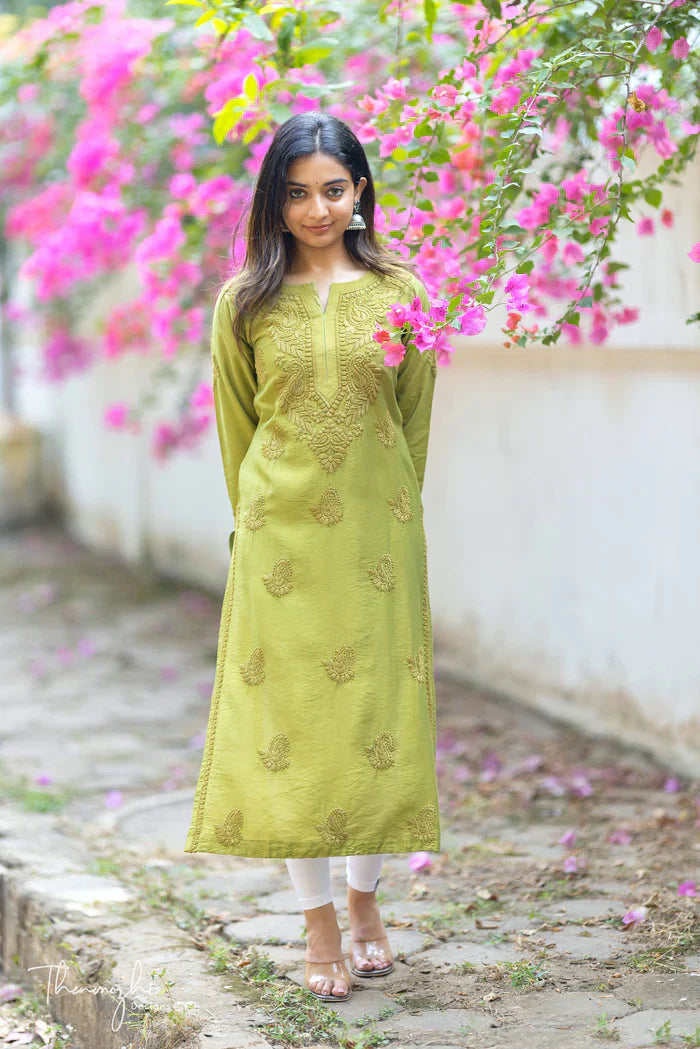 Niyara Olive Green Chikankari Kurta Pant Set