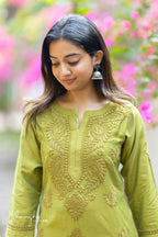 Niyara Olive Green Chikankari Kurta Pant Set