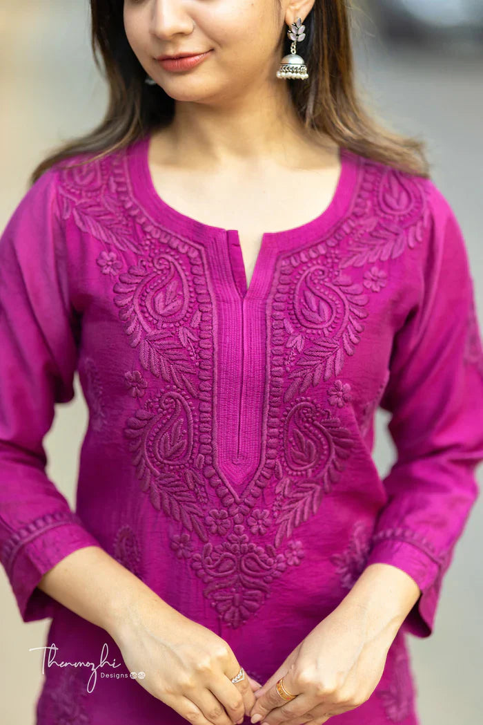 Lalita Magenta Chikankari Chanderi Kurta Pant Set