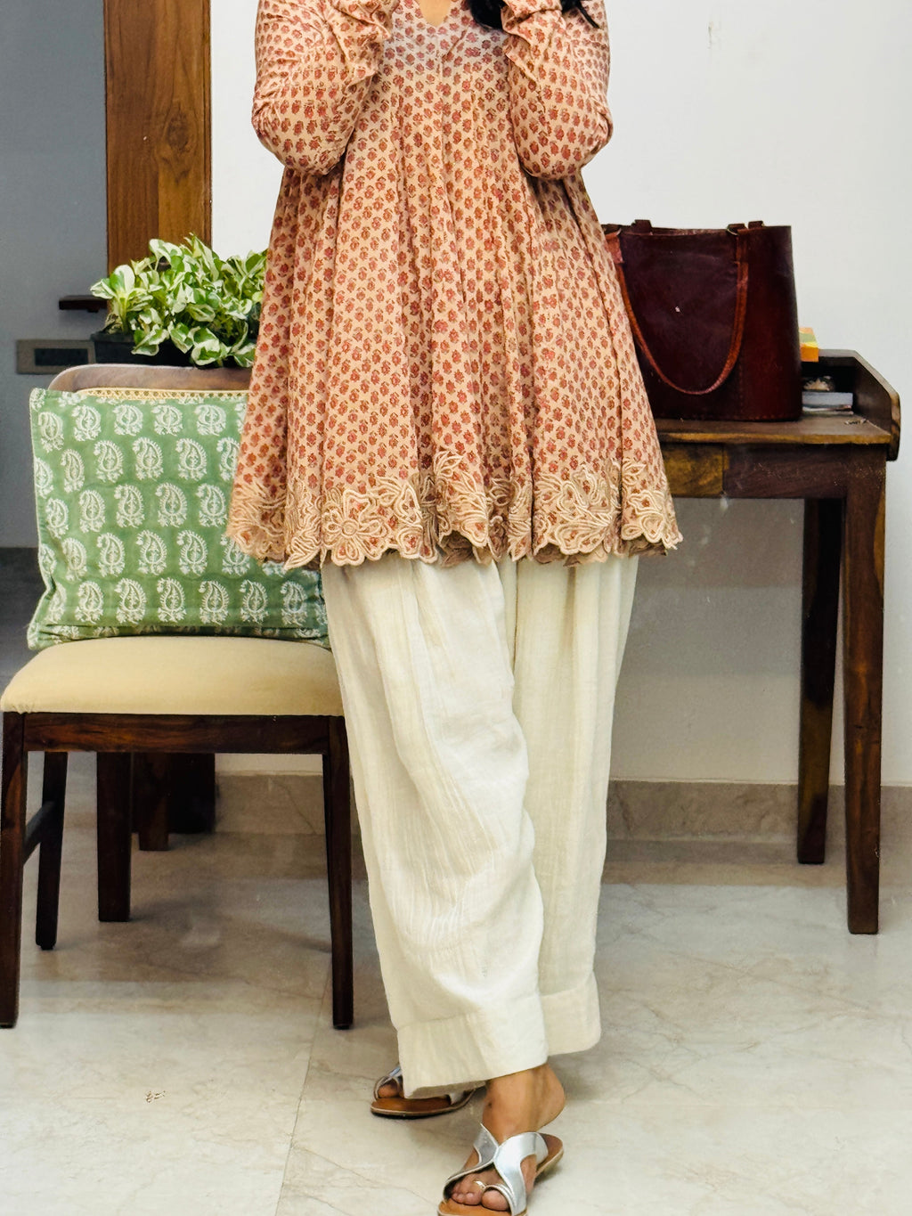 Beige cotton embroidered Anarkali with Farshi Salwar