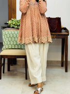 Beige cotton embroidered Anarkali with Farshi Salwar
