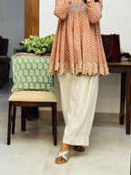 Beige cotton embroidered Anarkali with Farshi Salwar