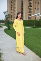 Oindrila Yellow Chikankari Kurta Palazzo Set