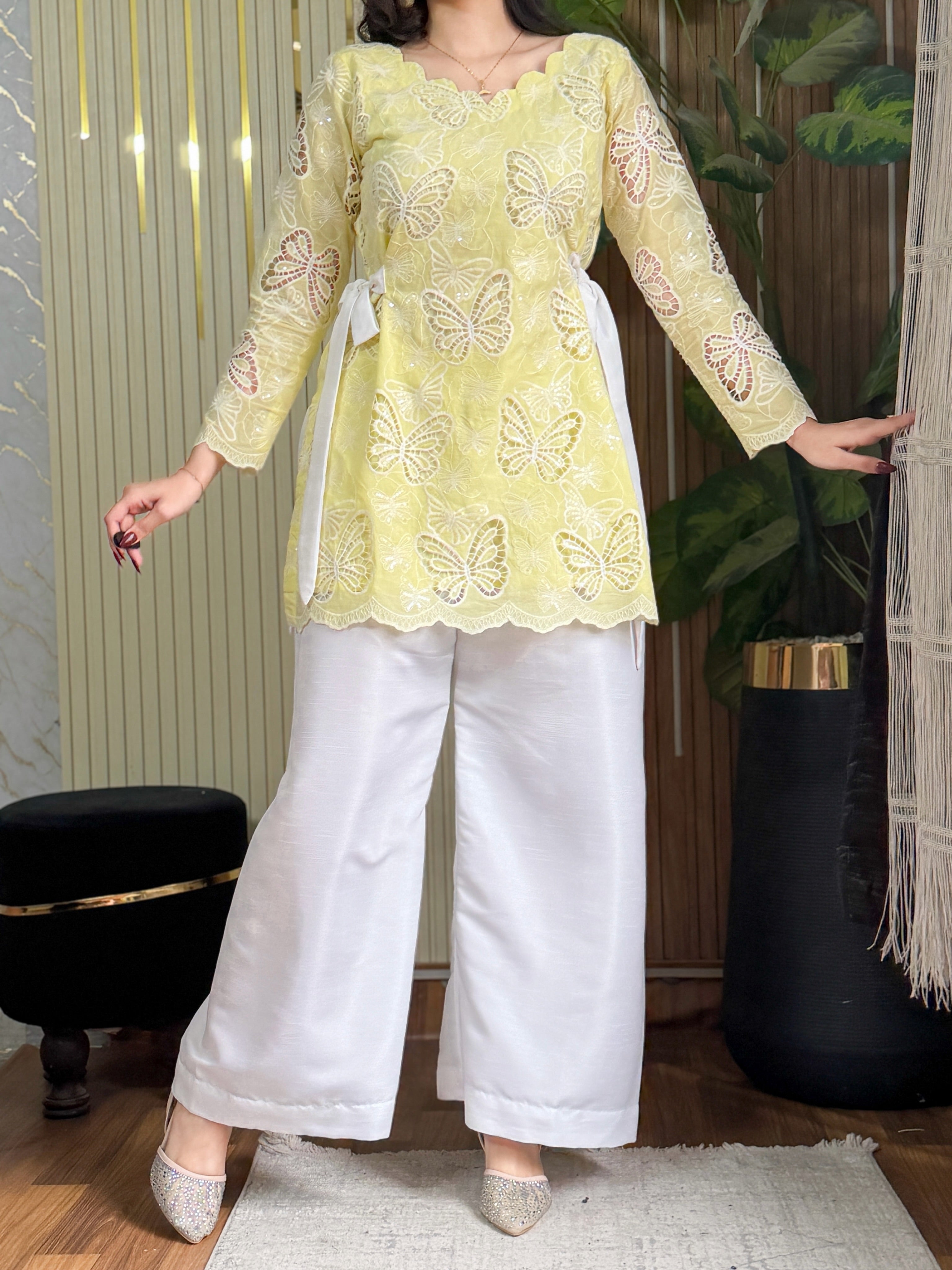 Meher Lemon Butterfly Embroidered Kurta Palazzo Set