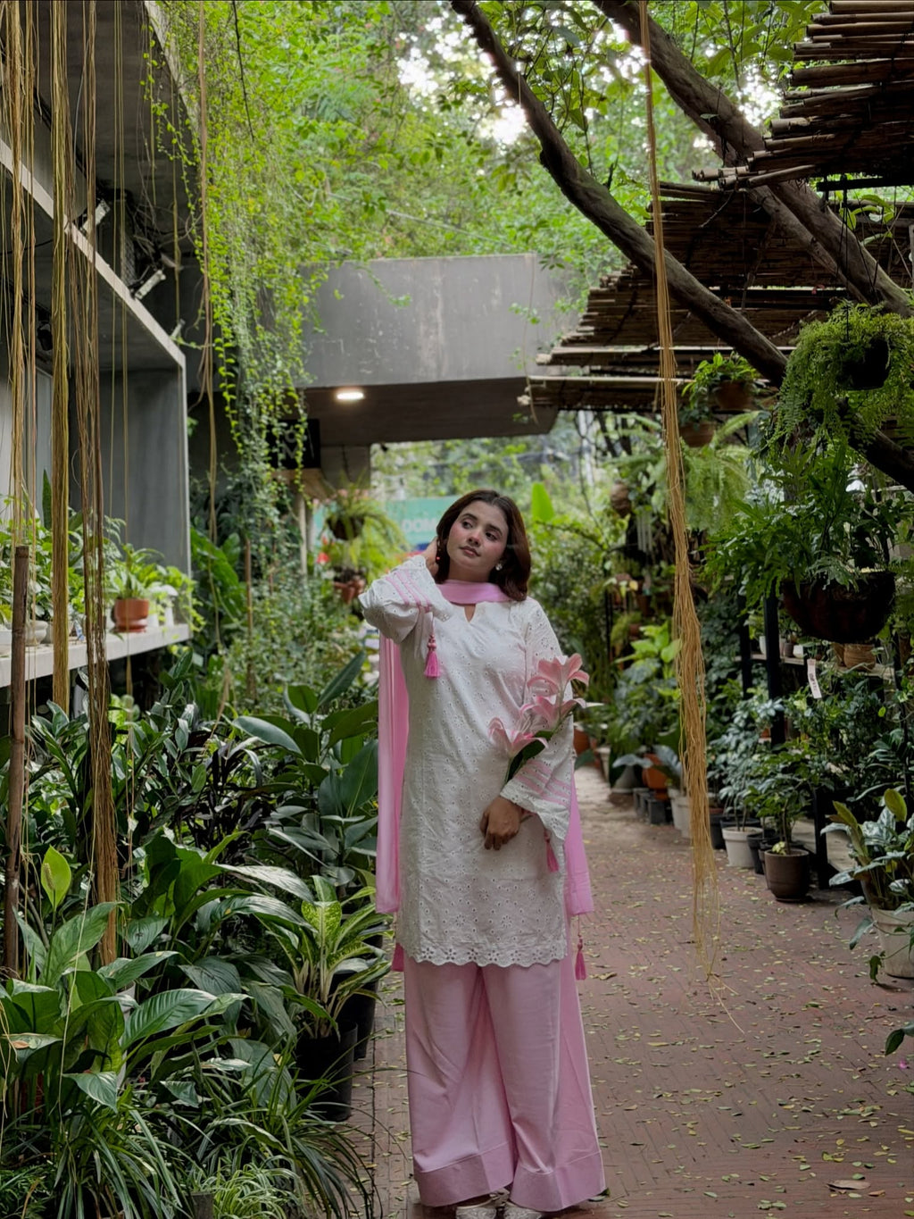 Blush Pink Chikankari Cotton Kurta with Palazzo & Dupatta